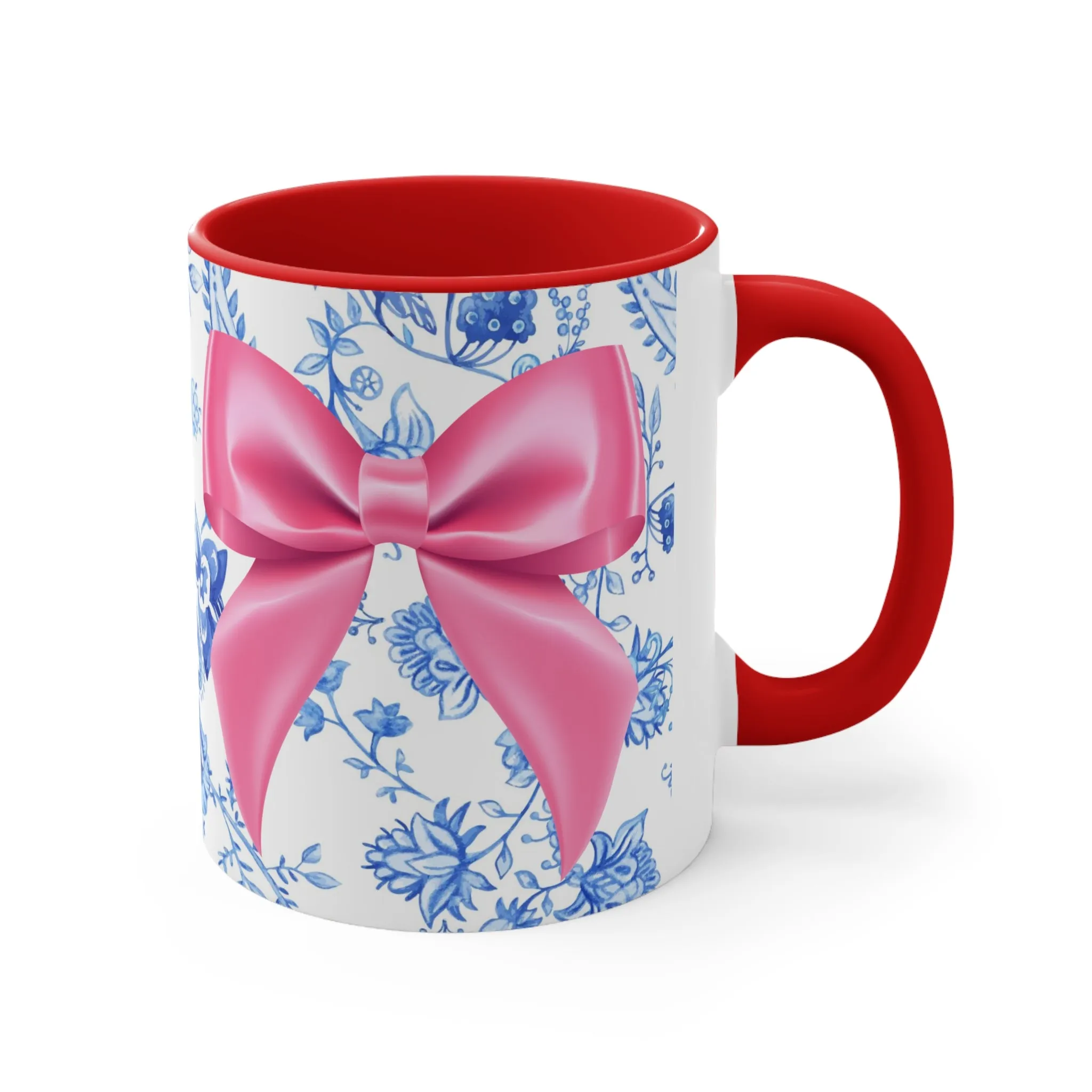 11oz Blue Toile and Pink Bow Coffee Mug