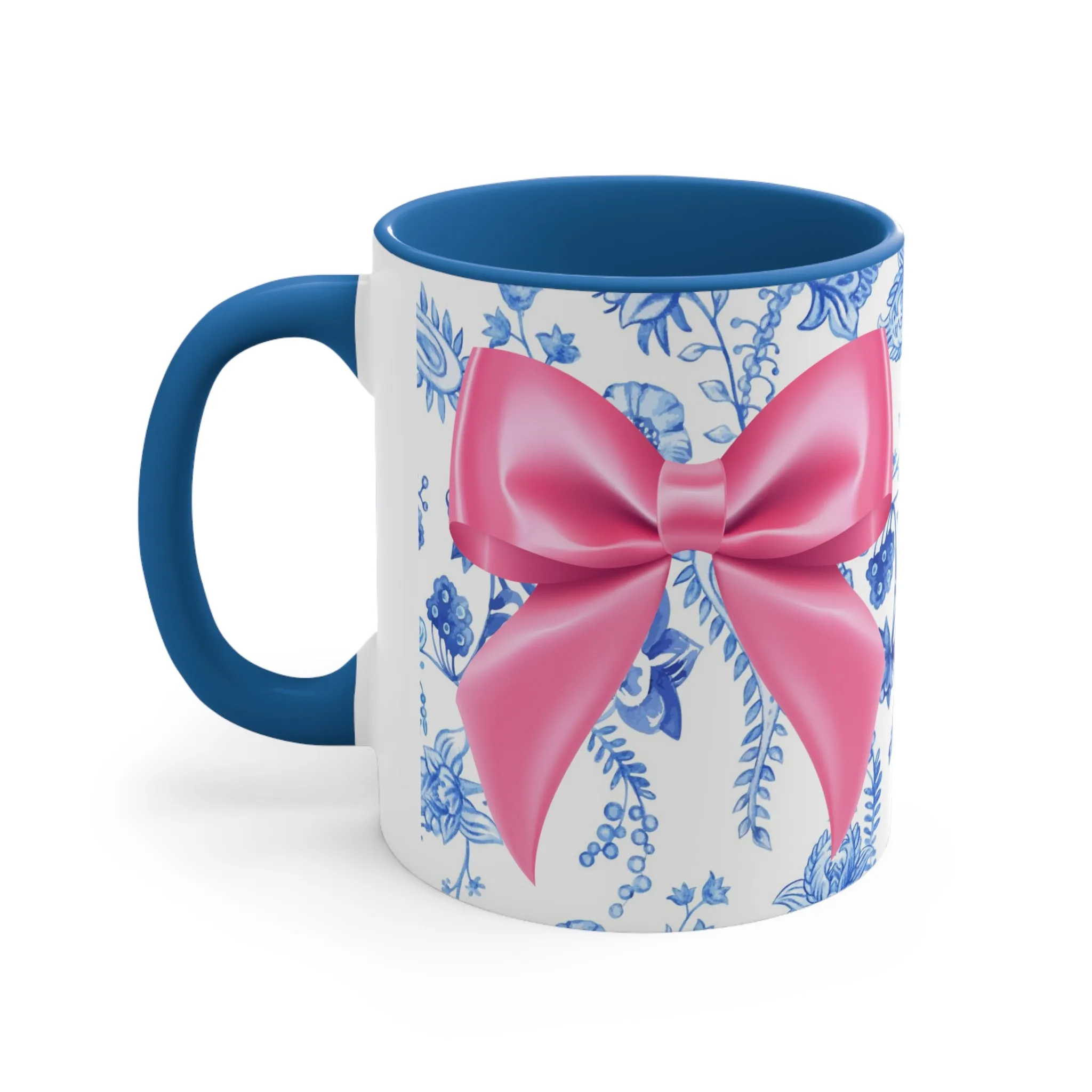 11oz Blue Toile and Pink Bow Coffee Mug