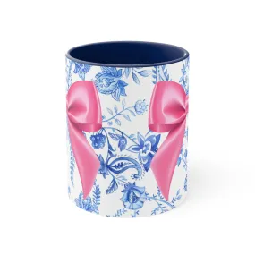 11oz Blue Toile and Pink Bow Coffee Mug