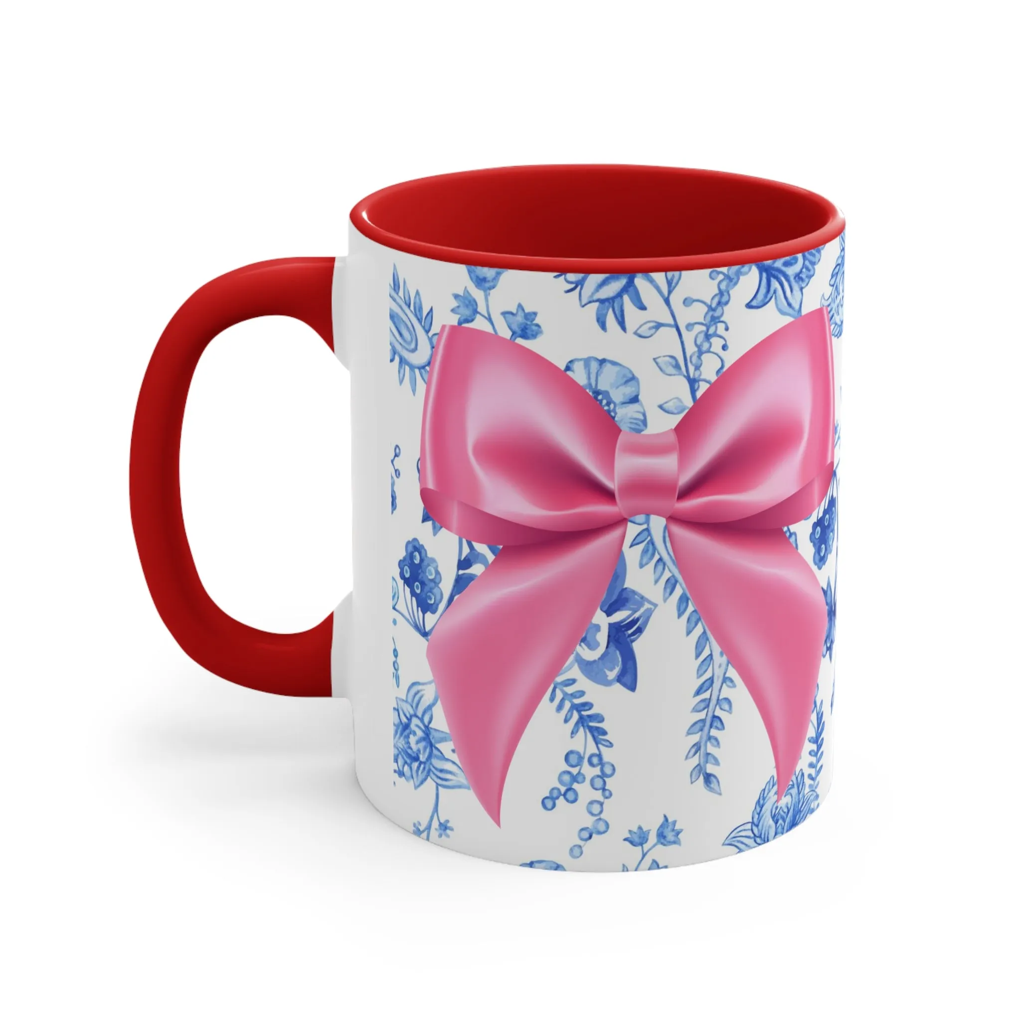 11oz Blue Toile and Pink Bow Coffee Mug