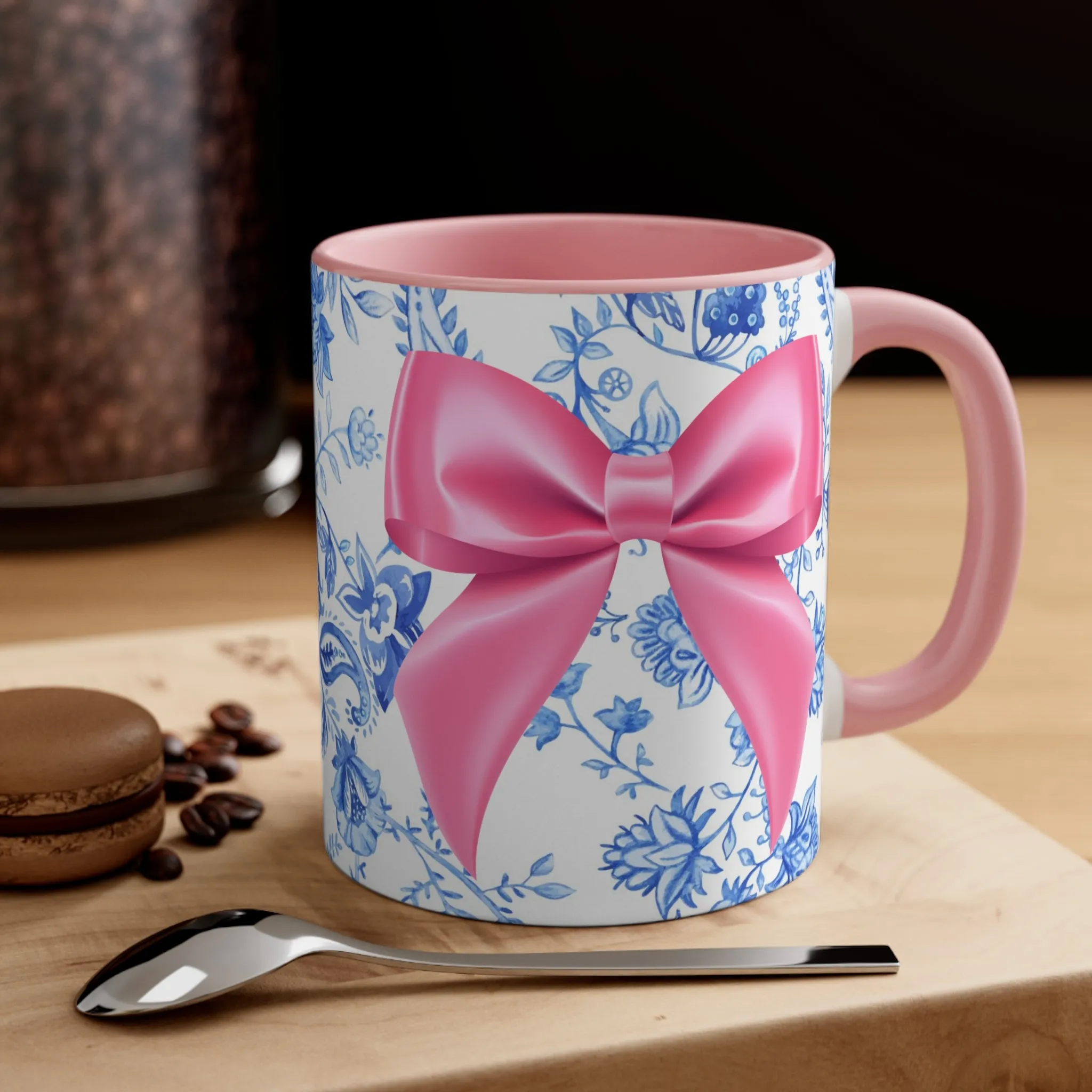 11oz Blue Toile and Pink Bow Coffee Mug