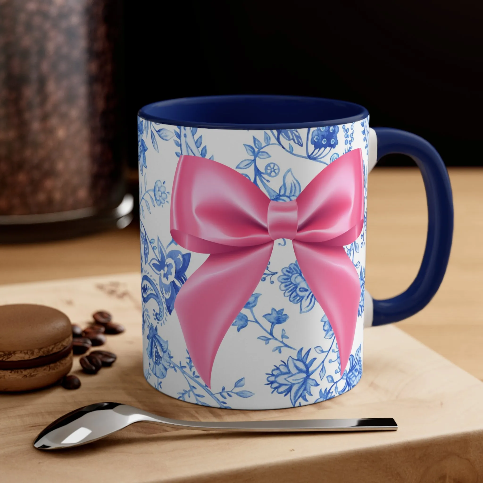 11oz Blue Toile and Pink Bow Coffee Mug