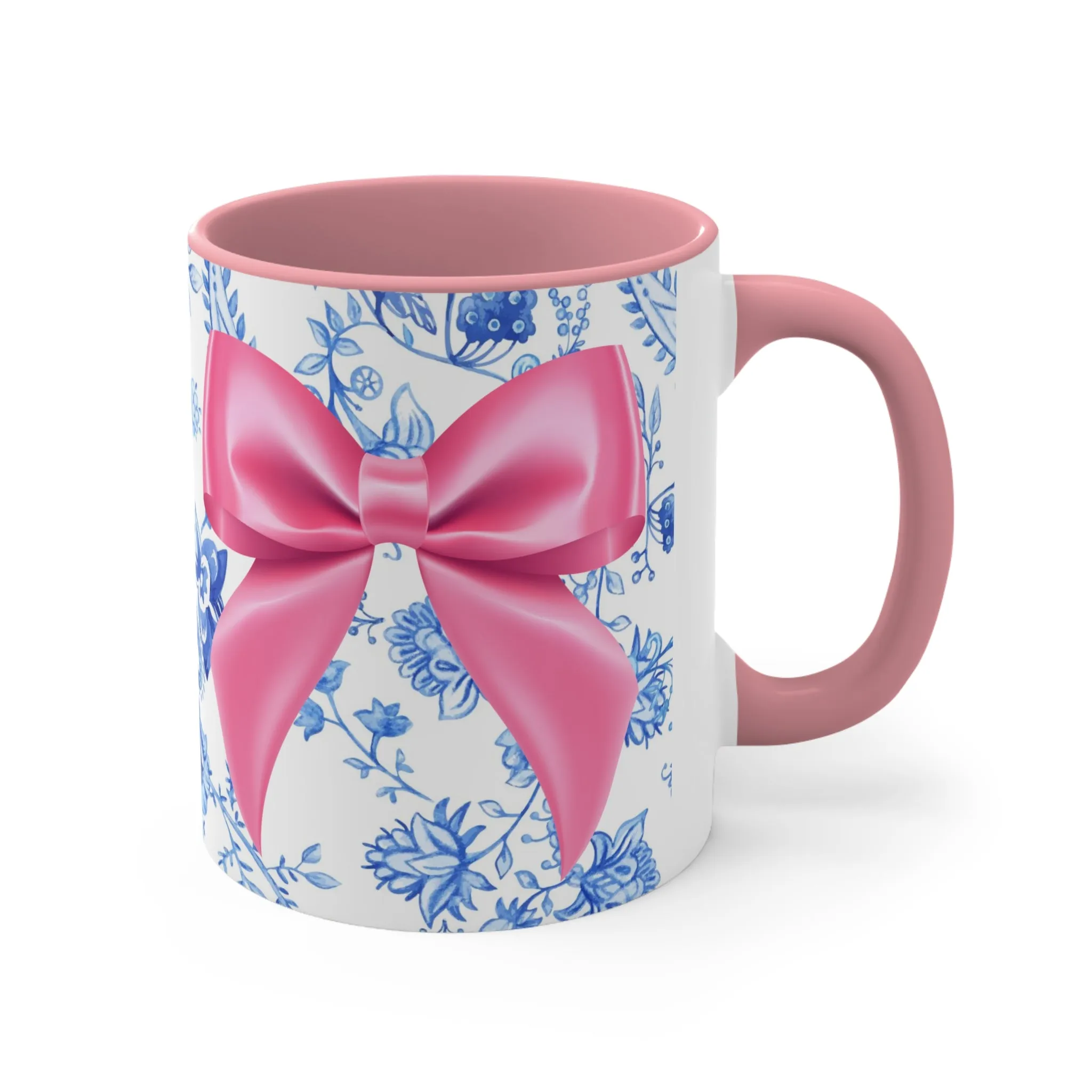 11oz Blue Toile and Pink Bow Coffee Mug