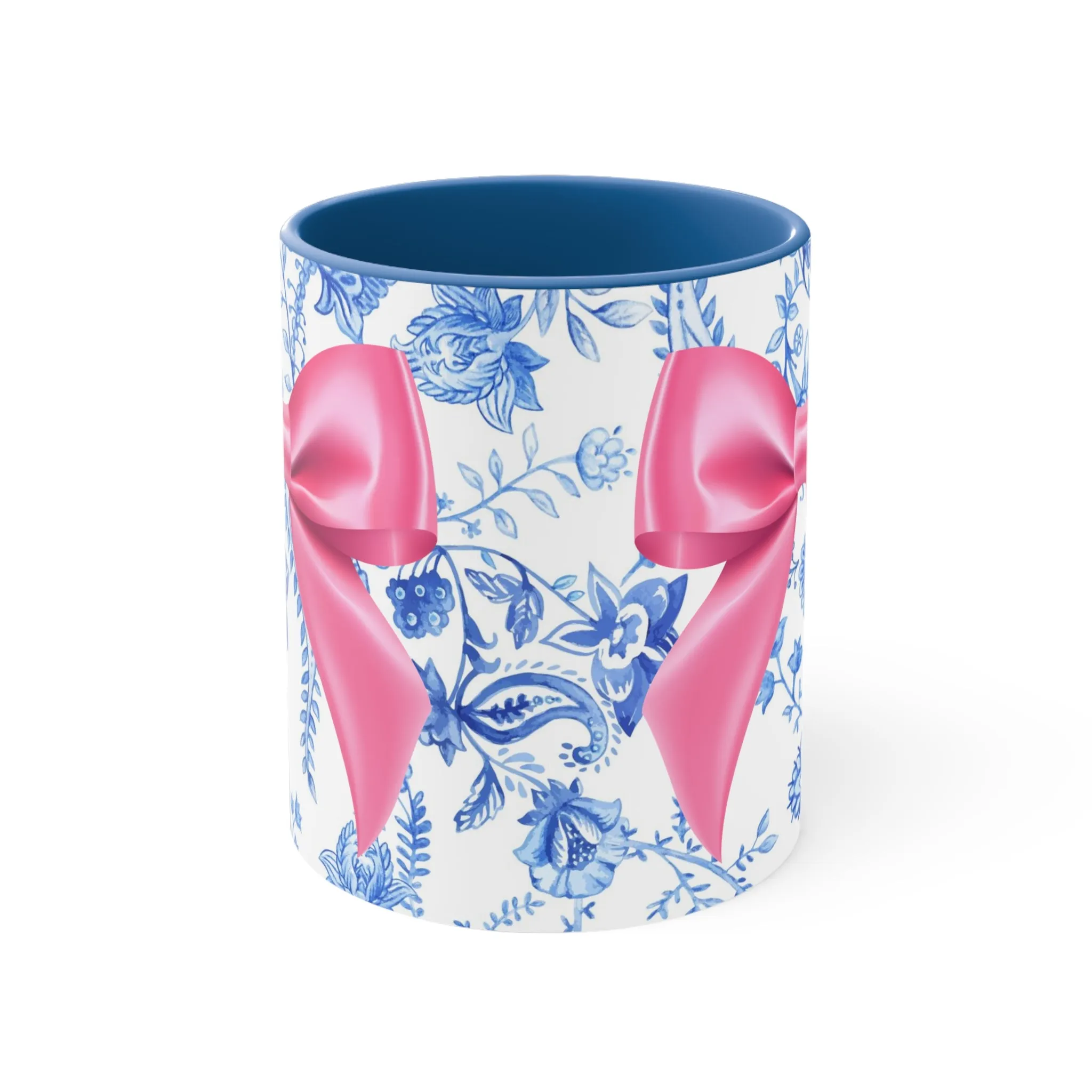 11oz Blue Toile and Pink Bow Coffee Mug