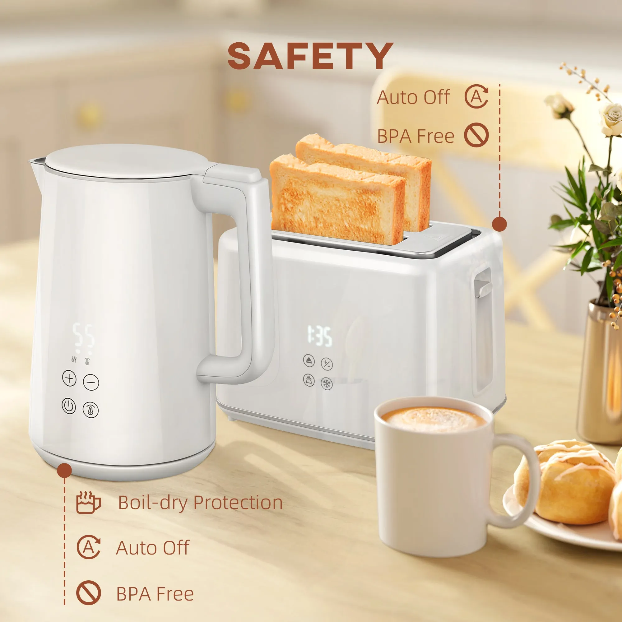 1.5L 3000W Fast Boil Electric Kettle and 2 Slice Toaster Set, White