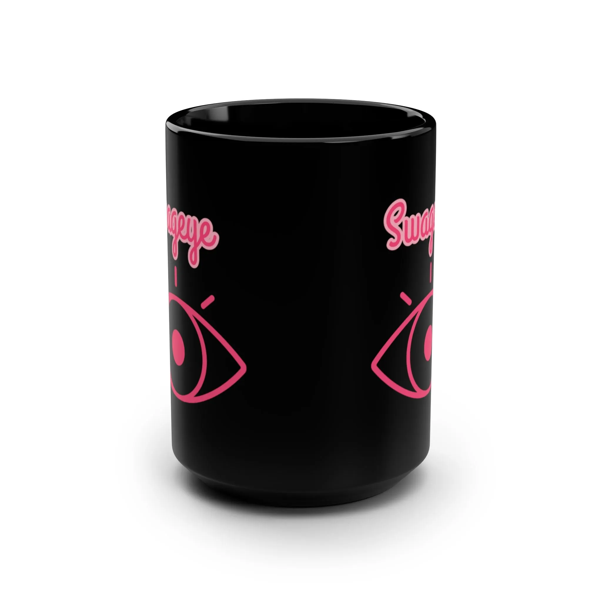 15oz Black Mug Swageye Coffee Cup with Hot Pink Logo