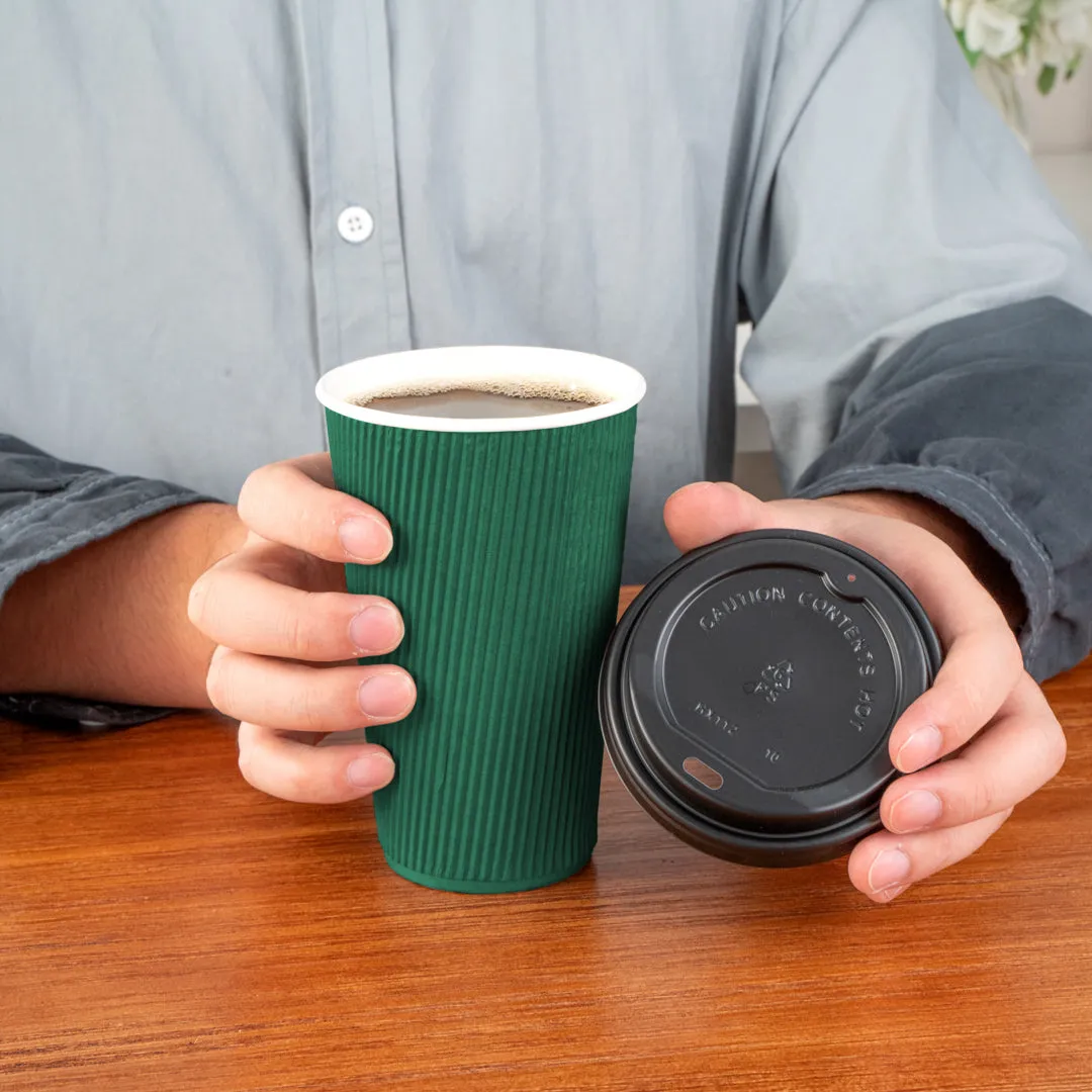 16 oz Forest Green Paper Ripple Wall Coffee Cup - with Black Lid - 3 1/2" x 3 1/2" x 6 1/4" - 200 count box