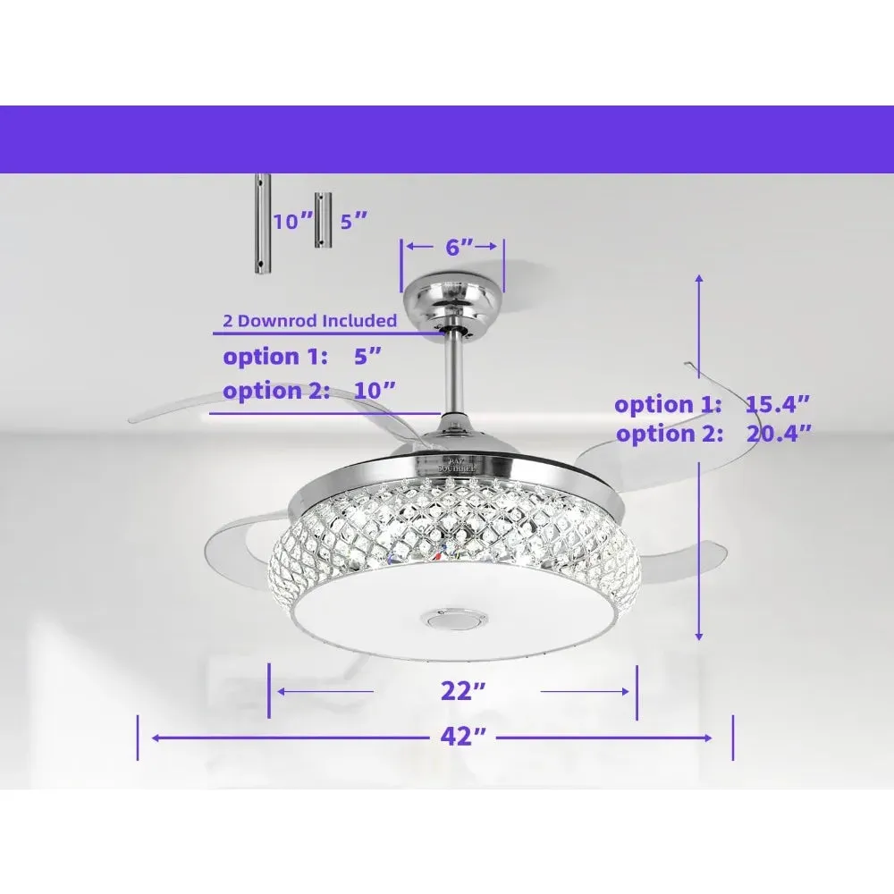 2024 New Retractable Bluetooth Ceiling Fan with Speaker, Retractable Ceiling Fan with Light and Remote/APP Control