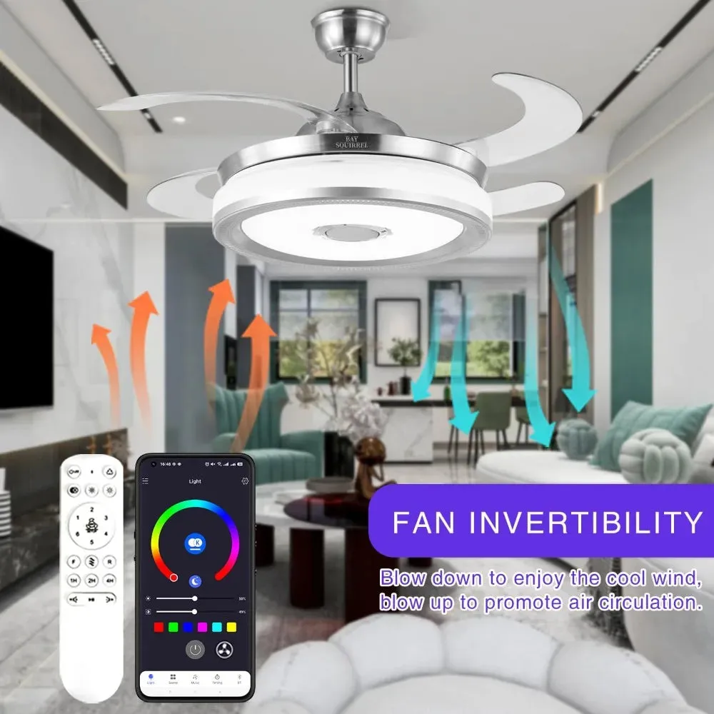 2024 New Retractable Bluetooth Ceiling Fan with Speaker, Retractable Ceiling Fan with Light and Remote/APP Control