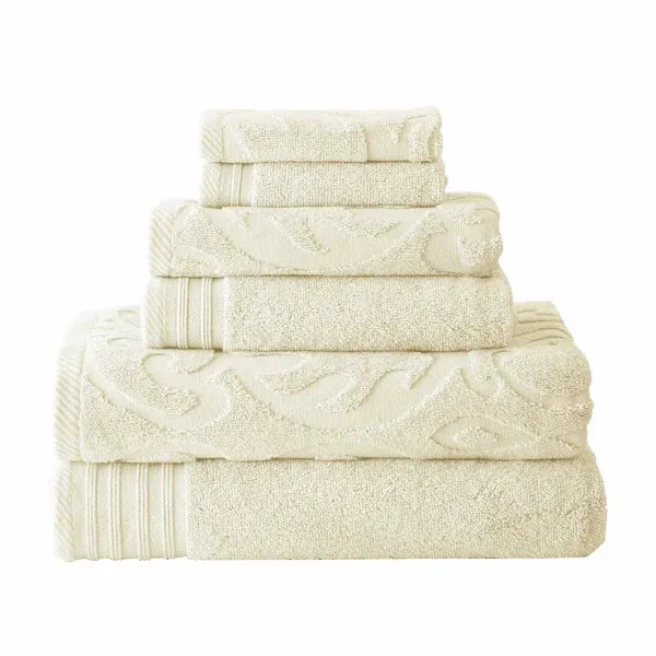 6 Piece Soft Egyptian Cotton Towel Set, Solid Medallion Pattern, Ivory