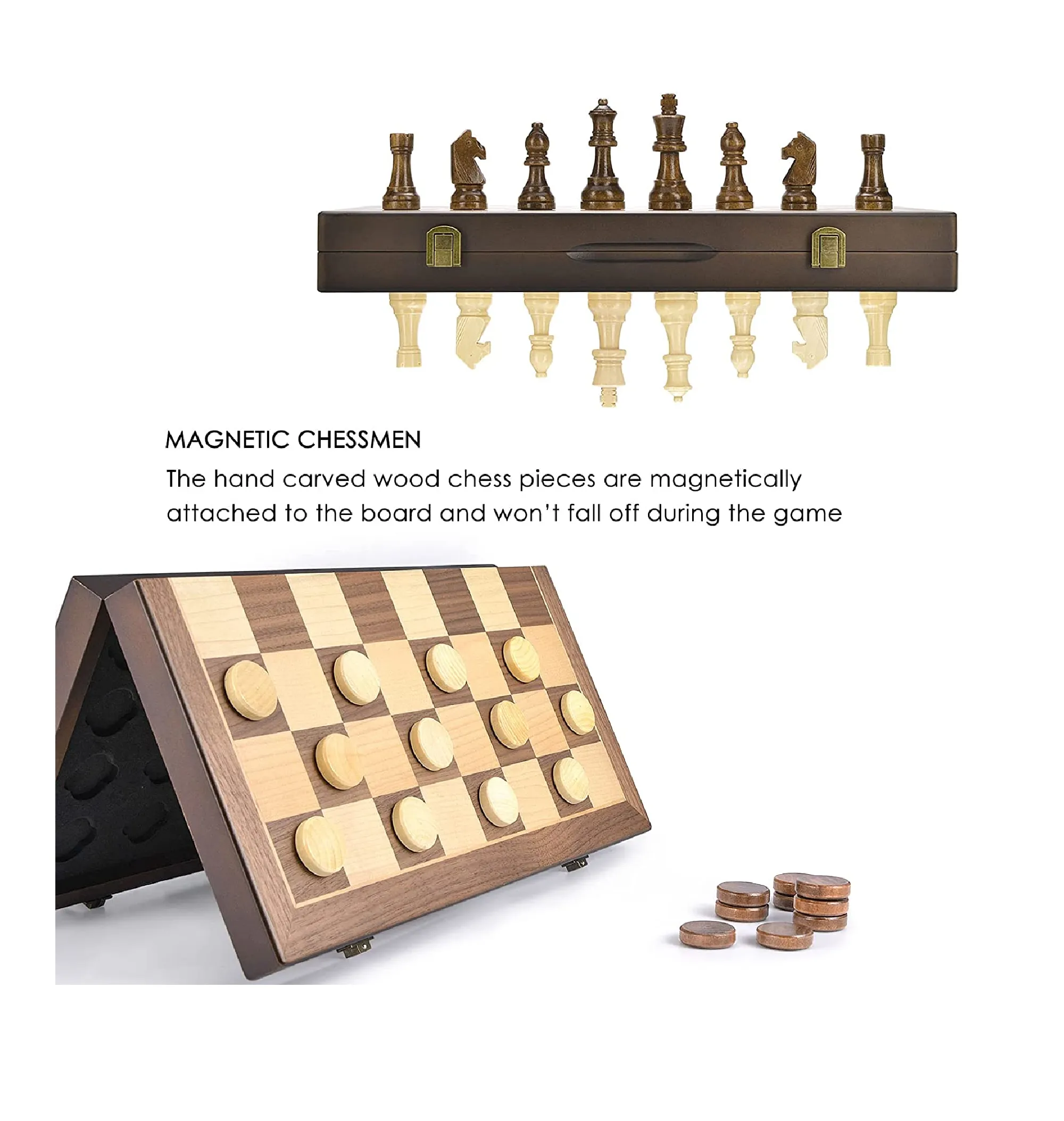 AMEROUS Magnetic Wooden Chess and Checkers Game Set 15 Inches 2 in 1 Chess Board Games 2 Extra Queens Gift Package