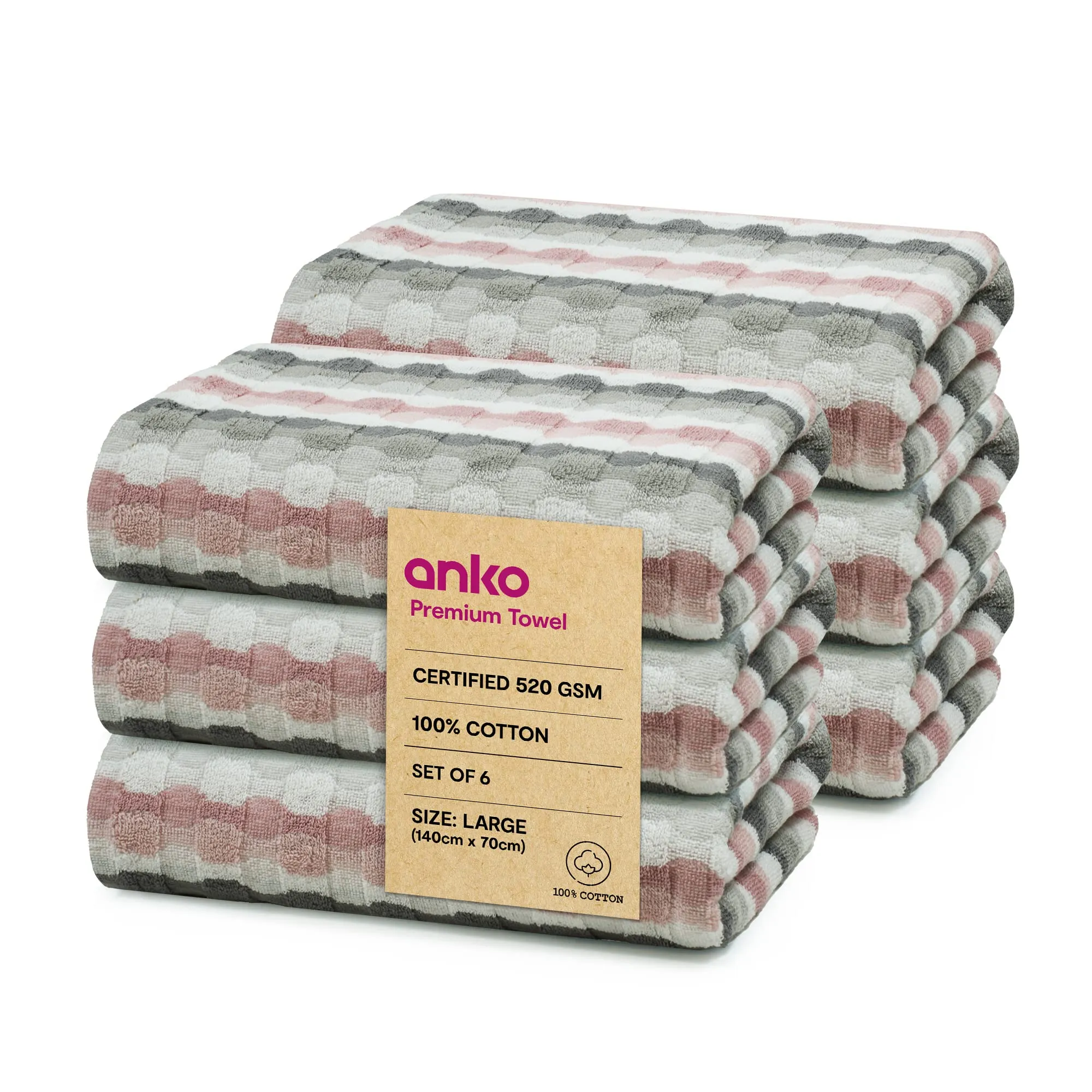 Anko Australia 100% Cotton 520 GSM Large Malmo Bath Towel | Set of 6 | Super-Soft, Absorbent, Quick-Drying | Pink & Grey Striped Towel for Men, Women & Kids | 140x70 cm |Travel, Gym, Spa Towel