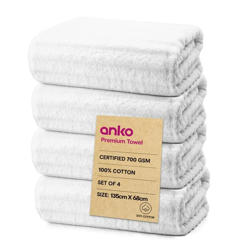 Anko Australia 100% Cotton 700 GSM Large Ribbed Bath Towel | Set of 4 | Super-Soft, Absorbent, Quick-Drying | White Towel for Men, Women & Kids | 135x68 cm |Travel, Gym, Spa Towel