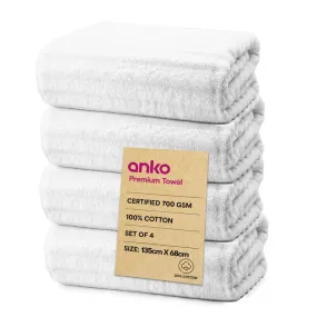 Anko Australia 100% Cotton 700 GSM Large Ribbed Bath Towel | Set of 4 | Super-Soft, Absorbent, Quick-Drying | White Towel for Men, Women & Kids | 135x68 cm |Travel, Gym, Spa Towel