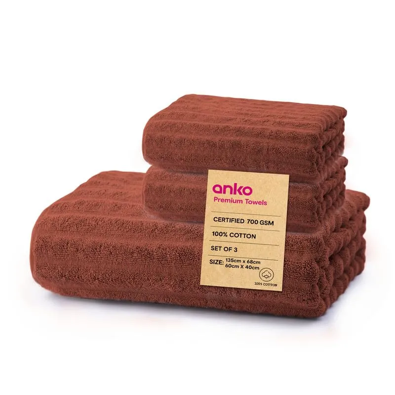 Anko Australia 100% Cotton 700 GSM Ribbed Towel Set | 1 Bath Towel, 2 Hand Towels | Super-Soft, Absorbent, Quick-Drying | Rust Cotton Towels for Bath, Travel & Gym | 135x68cm & 60x40cm