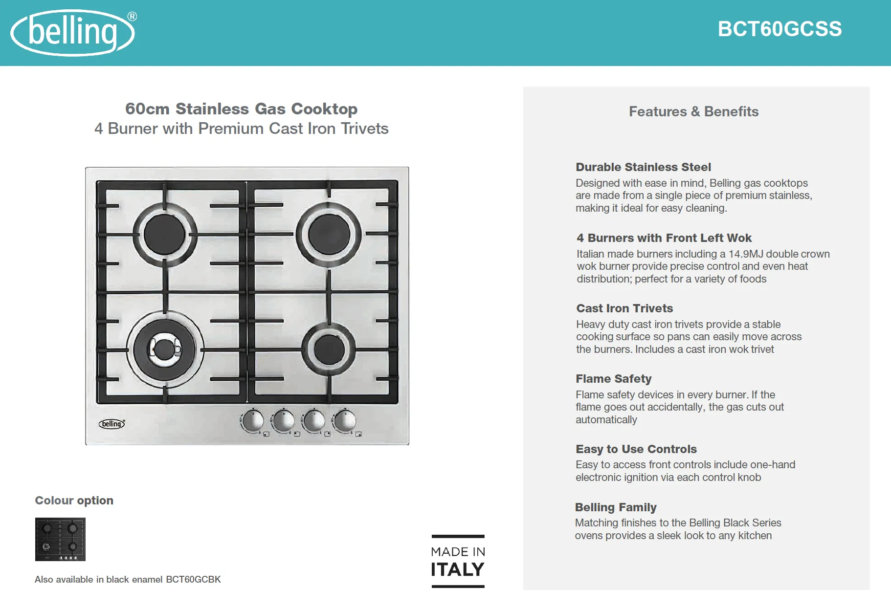 Belling BCT60GCSS 60cm Stainless Gas Cooktop