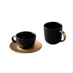 BergHOFF GEM Porcelain 3Pc Coffee And Tea Set, Mug, Cup & Saucer, Black & Gold