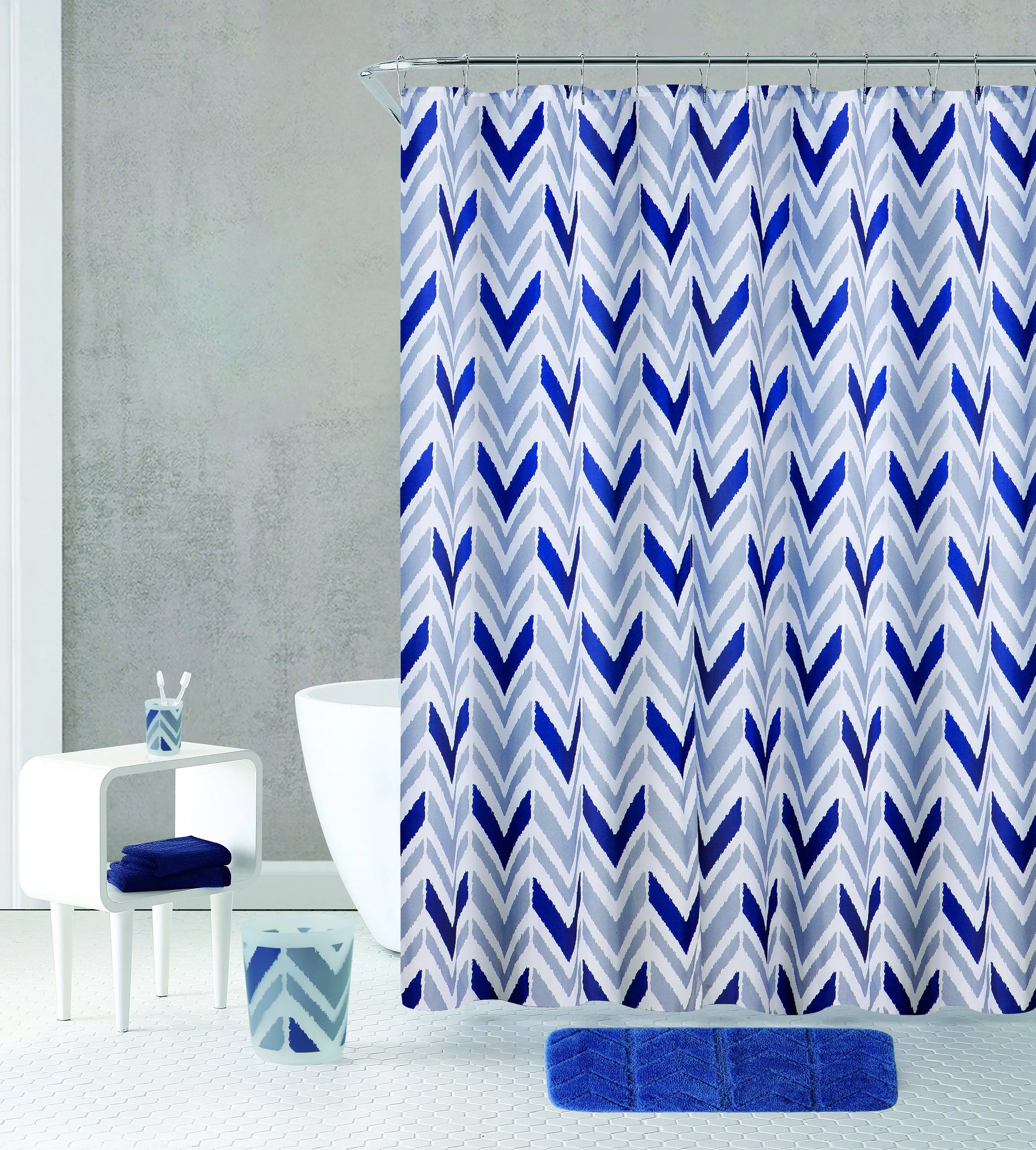 Blue Geometric - Bath Curtain and Mat Set with Accessories