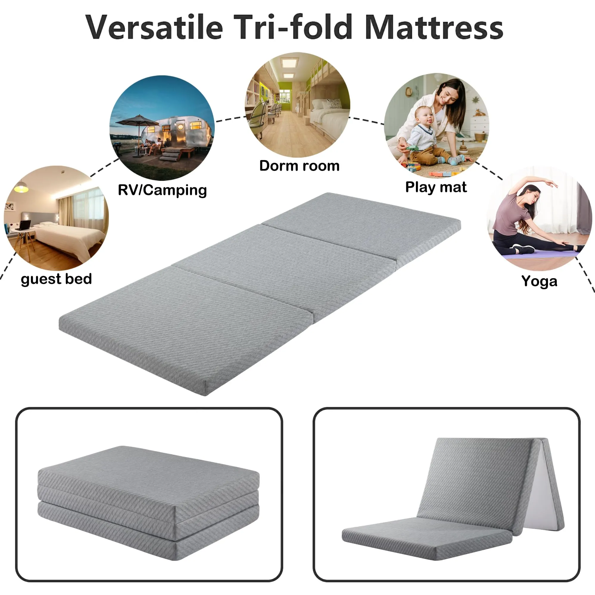 BreezeRest Folding Mattress,Trifold Mattress Twin XL 3 Inch Cooling Gel Memory Foam,Adjustable Softness Relief Back Pain Breathable and Washable Cover, CertiPUR-US