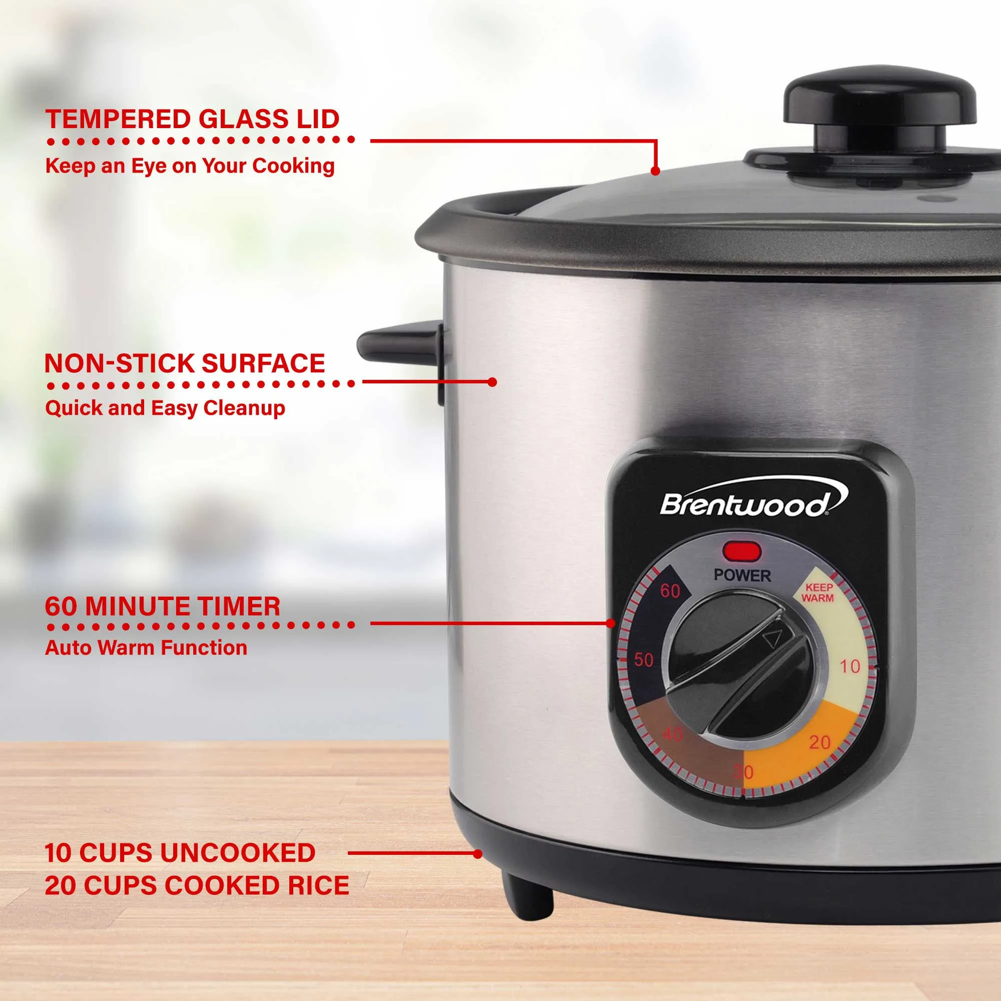 Brentwood TS-1020S 10-Cup Uncooked/20-Cup Cooked Crunchy Persian Rice Cooker, Stainless Steel