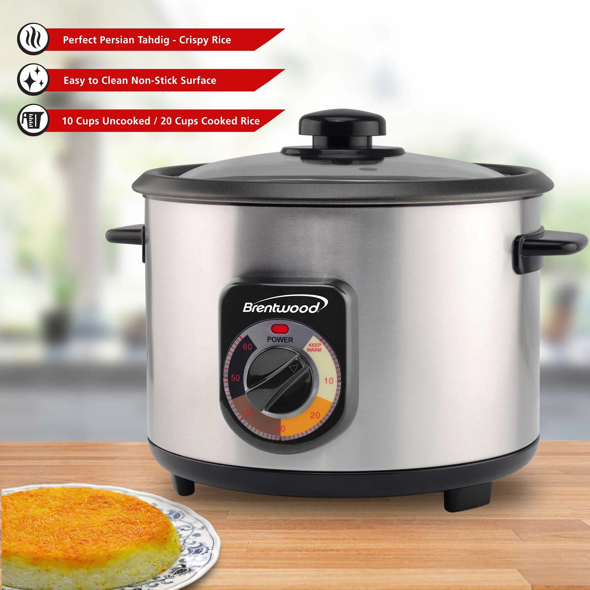 Brentwood TS-1020S 10-Cup Uncooked/20-Cup Cooked Crunchy Persian Rice Cooker, Stainless Steel