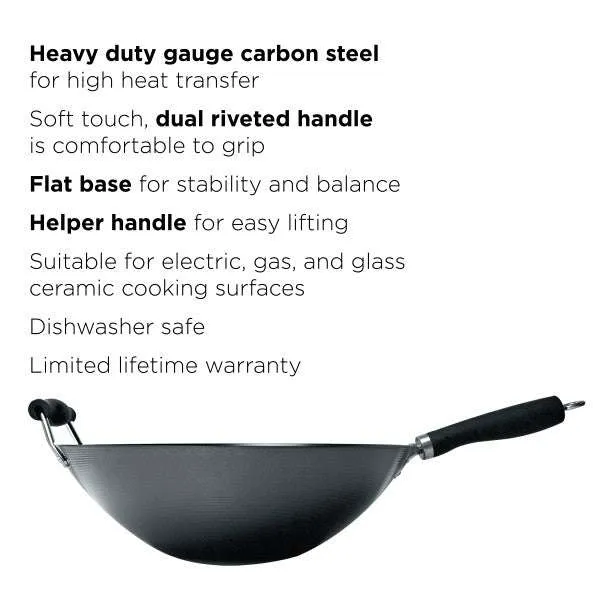 Carbon Steel Non-Stick Wok, 14 Inch, Helper Handle - Ecolution