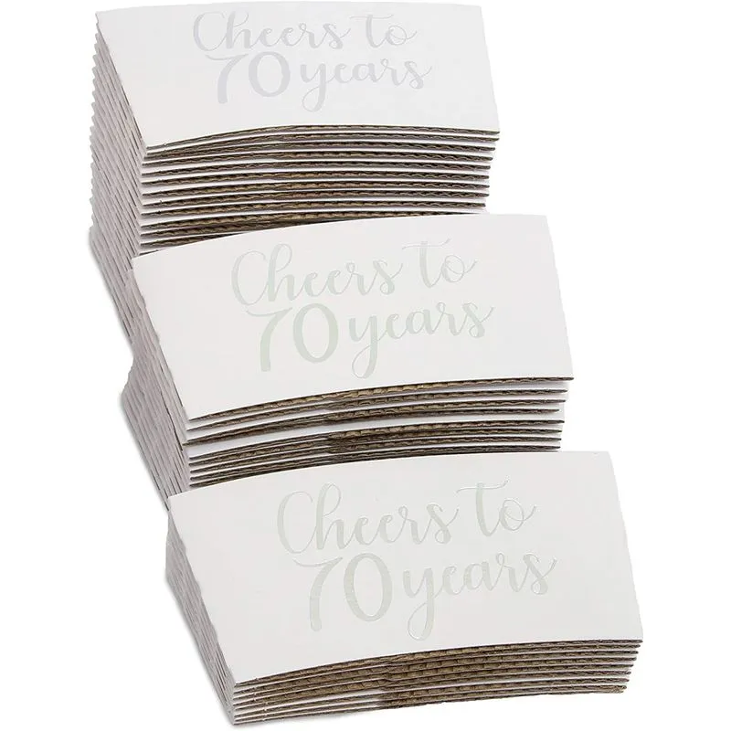 Cheers to 70 Years Coffee Cup Drink Sleeves for 70th Anniversary or Birthday, Fits 12-16 oz Cups, Fits 12-16 oz (Silver Foil, 50 Pack)