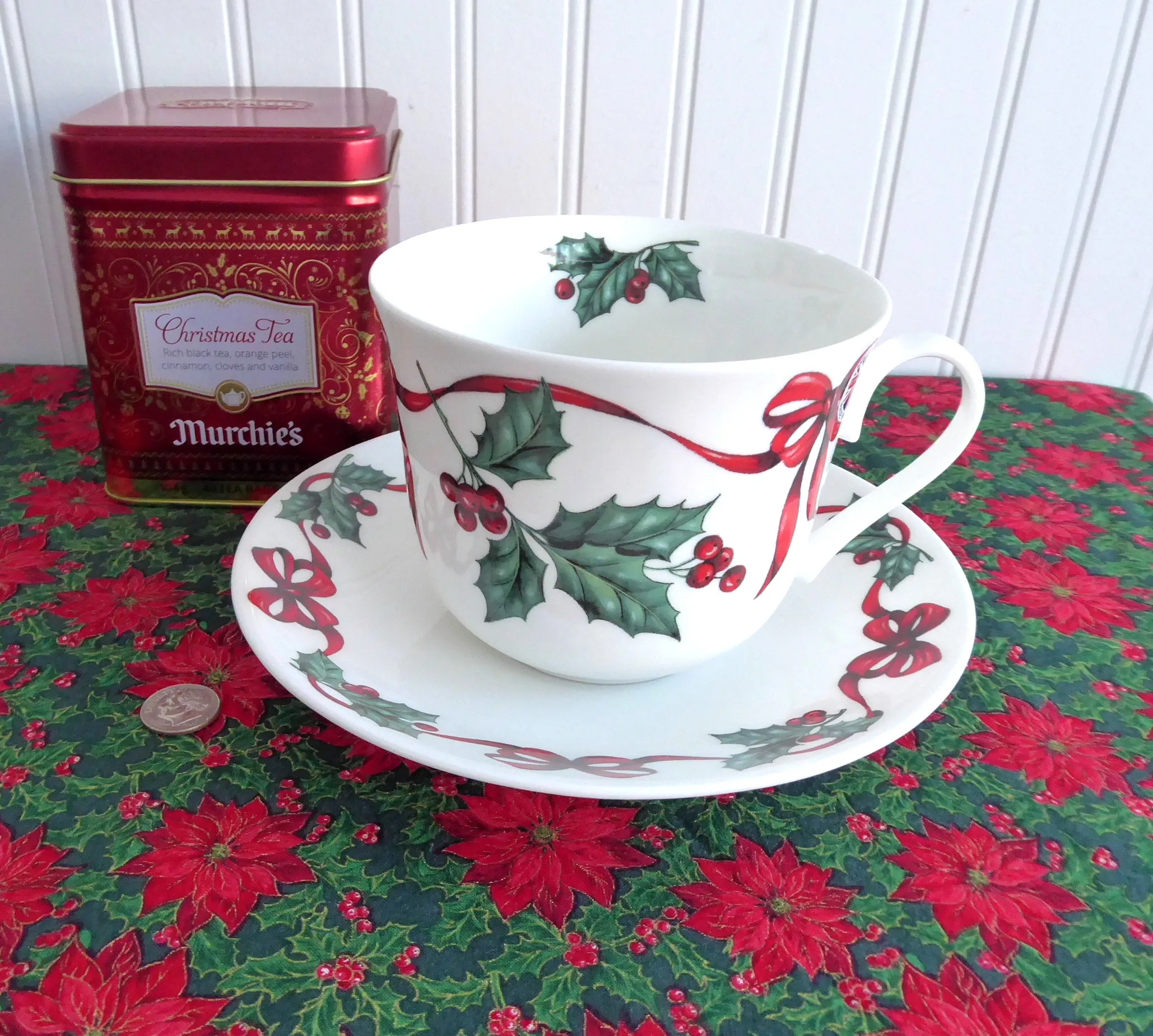 Christmas Ribbons Breakfast Size Cup And Saucer Roy Kirkham Holly Red Ribbons Bone China