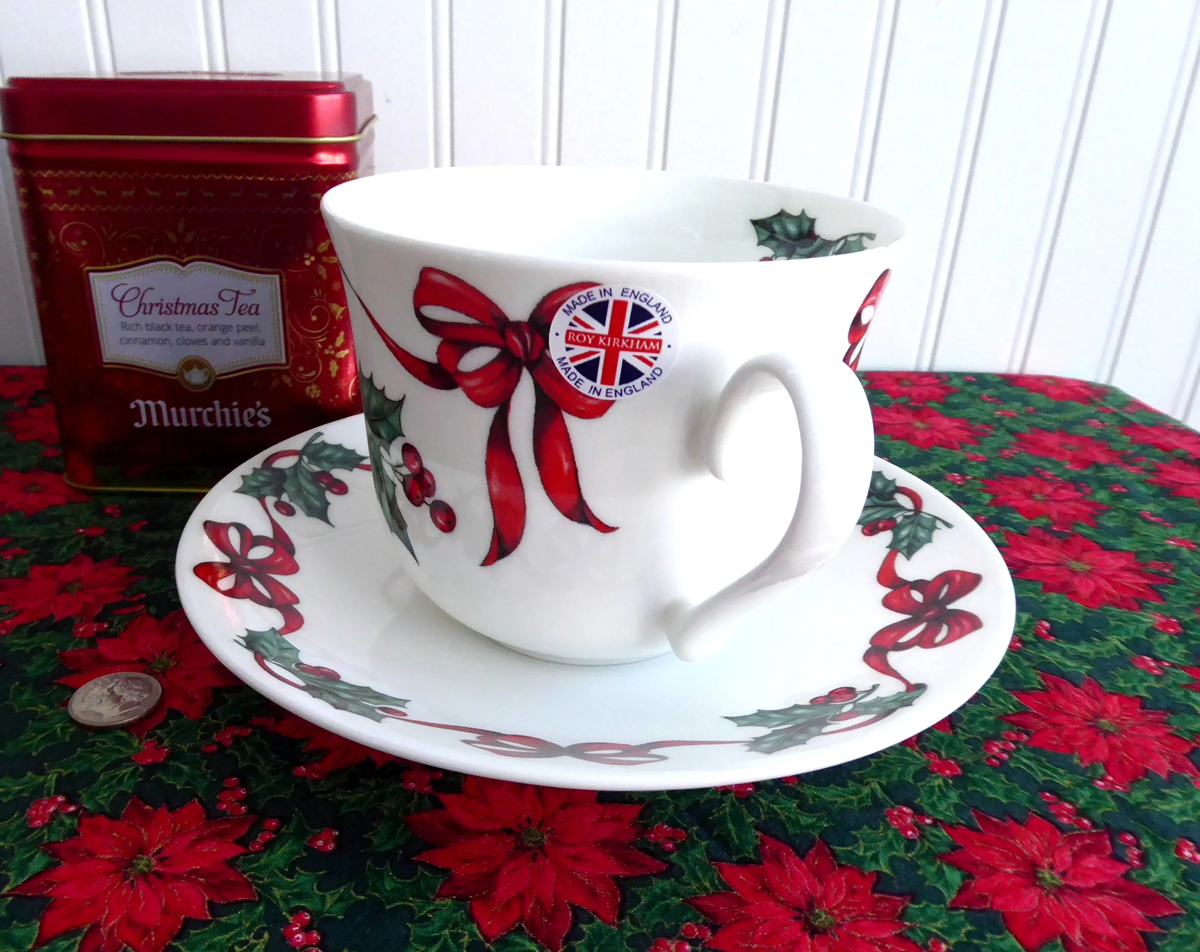 Christmas Ribbons Breakfast Size Cup And Saucer Roy Kirkham Holly Red Ribbons Bone China