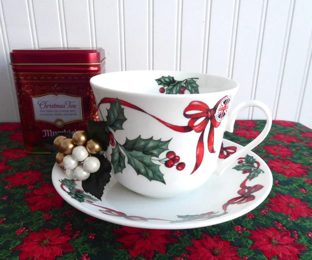 Christmas Ribbons Breakfast Size Cup And Saucer Roy Kirkham Holly Red Ribbons Bone China