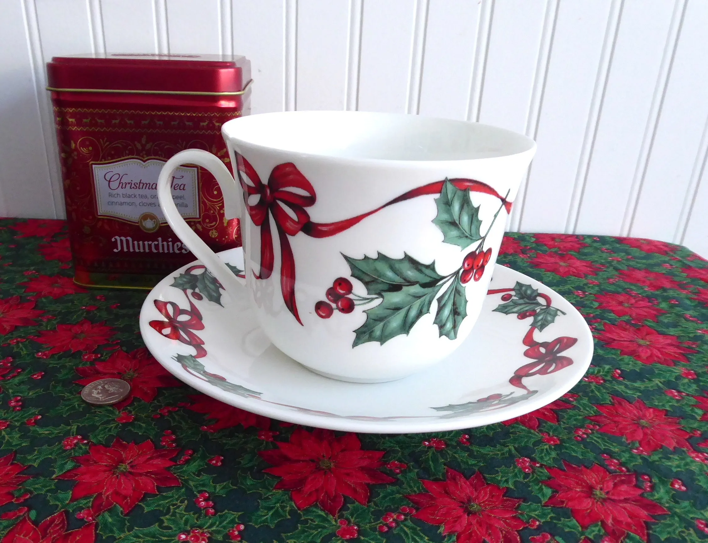 Christmas Ribbons Breakfast Size Cup And Saucer Roy Kirkham Holly Red Ribbons Bone China