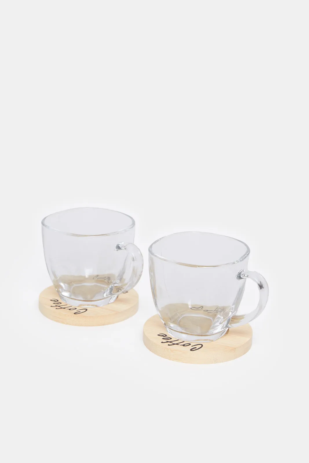 Clear Glass Cup With Wooden Coaster Set ( 4 Piece)