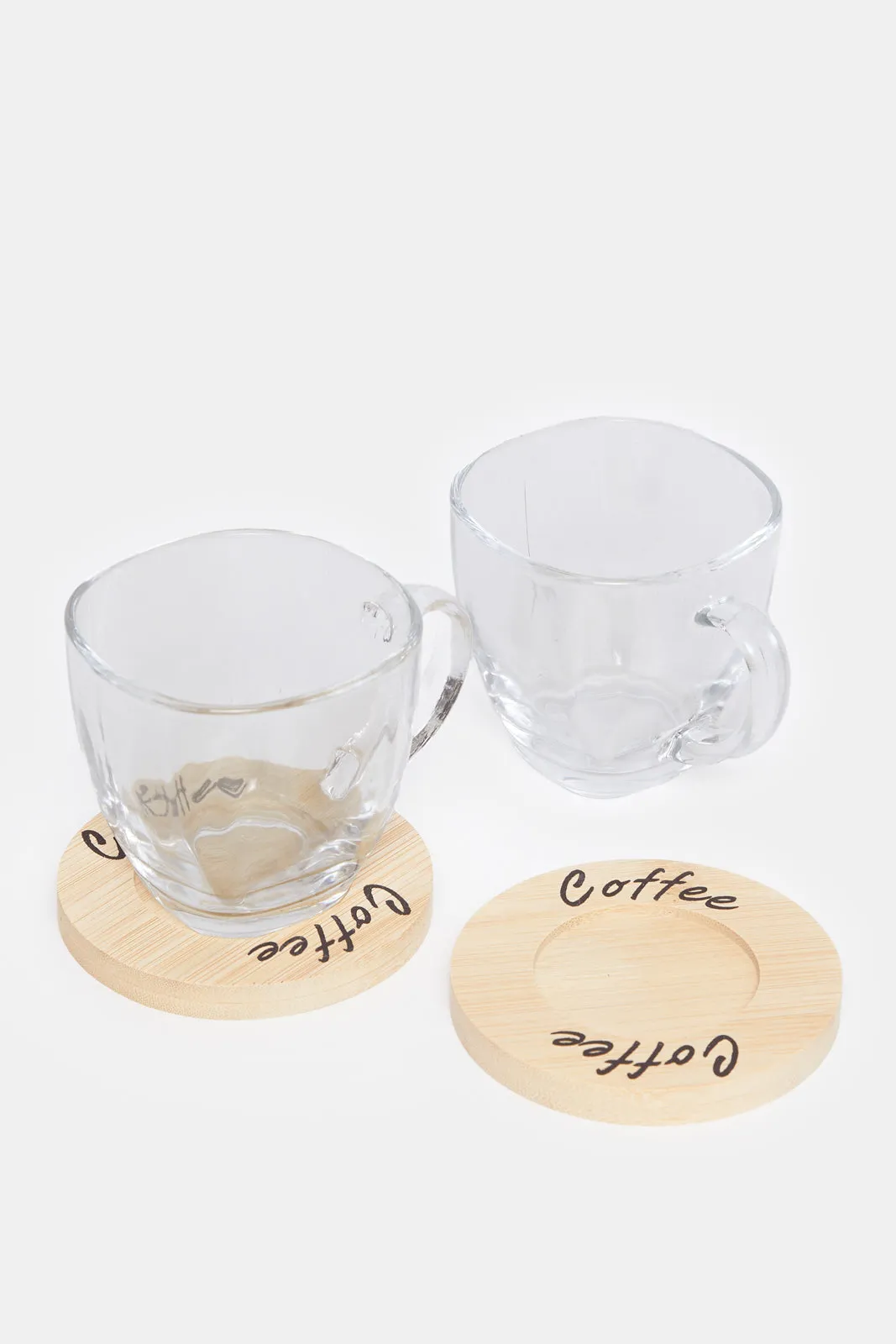 Clear Glass Cup With Wooden Coaster Set ( 4 Piece)