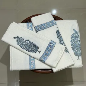 Cotton Bath & Hand Towels | Hand Block Printed | White & Blue | Set of 3