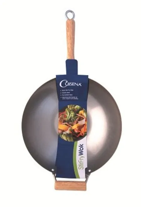 Cuisena 35cm Carbon Steel Stir Fry Wok With Flat Bottom Base