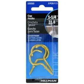 Cup Hooks, Brass, 1.25-In., 3-Pk.