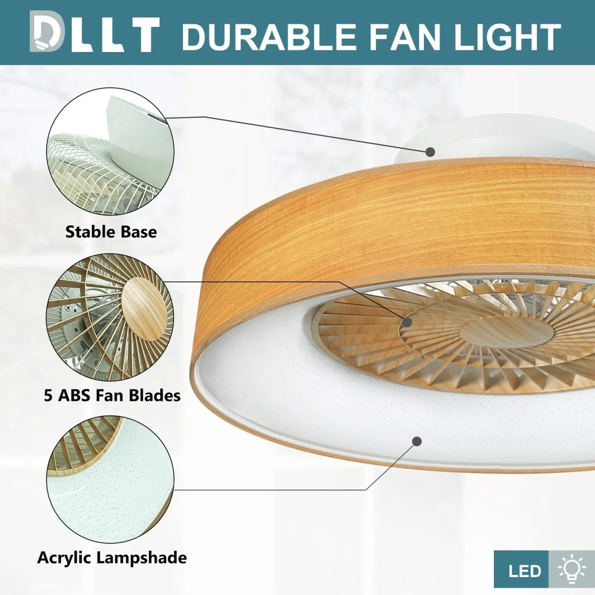 DLLT Low Profile Ceiling Fan - 22.5 Inch Bladeless Ceiling Fan with Light and Remote, 3 Colors Dimmable LED 3 Speeds 5 Blades Enclosed Ceiling Fans with Light for Living Room Bedroom, Wood Grain