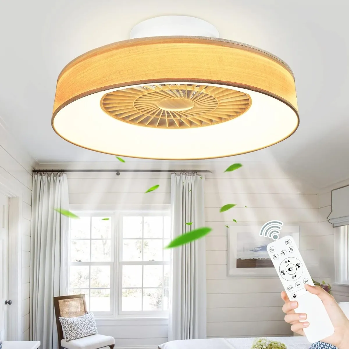 DLLT Low Profile Ceiling Fan - 22.5 Inch Bladeless Ceiling Fan with Light and Remote, 3 Colors Dimmable LED 3 Speeds 5 Blades Enclosed Ceiling Fans with Light for Living Room Bedroom, Wood Grain