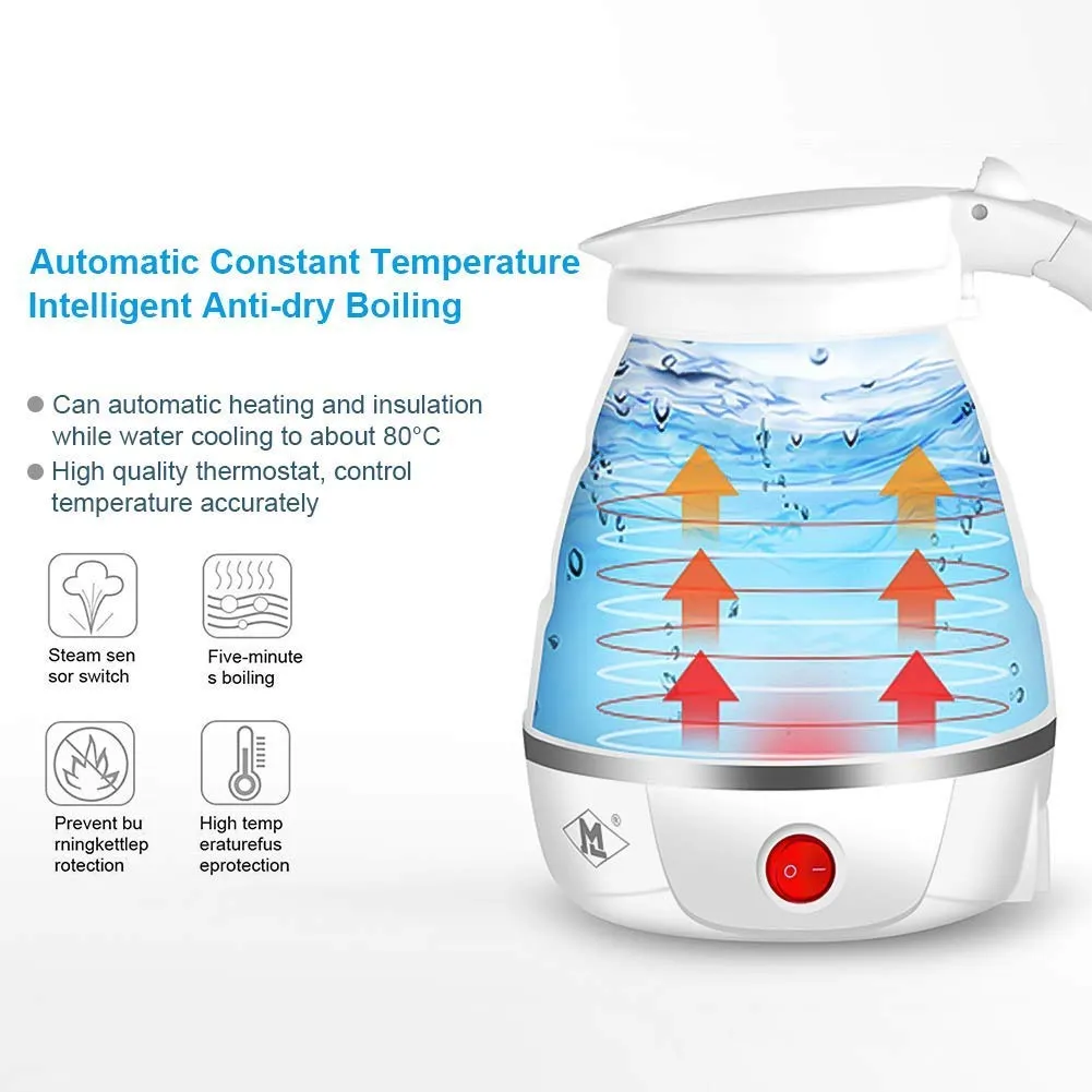 Electric Foldable Kettle, 600ml Food Grade Silicone Folding Kettle for Home Outdoor Camping Hiking,Boil Dry Protection Portable 240V