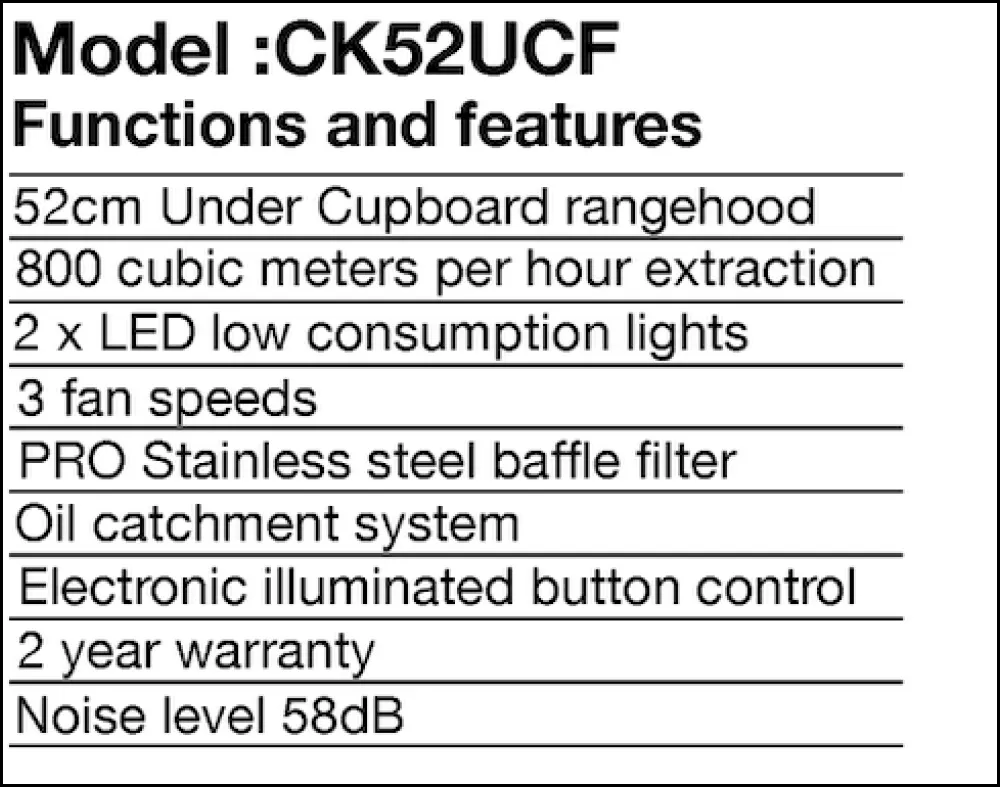 Emilia CK52UCF 52cm Under Cupboard Rangehood