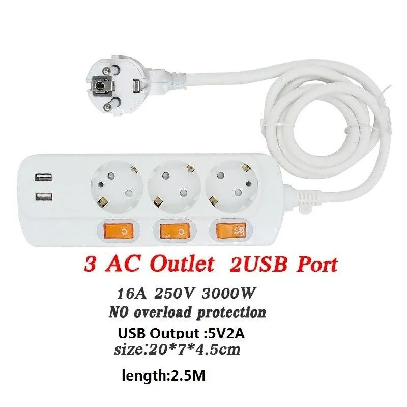 Extension Cord 1.5/2.5M Power Strip10/16A 250V Overload Protection Individually Switched EU plug 2/3/4/5/6 Extension Socket USB