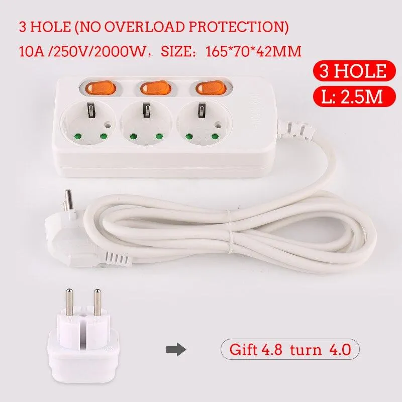 Extension Cord 1.5/2.5M Power Strip10/16A 250V Overload Protection Individually Switched EU plug 2/3/4/5/6 Extension Socket USB