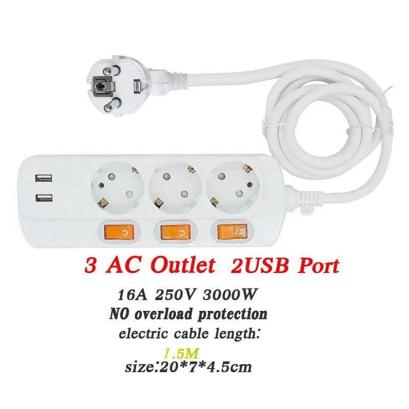 Extension Cord 1.5/2.5M Power Strip10/16A 250V Overload Protection Individually Switched EU plug 2/3/4/5/6 Extension Socket USB