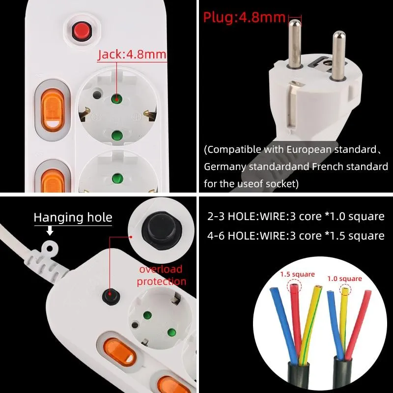 Extension Cord 1.5/2.5M Power Strip10/16A 250V Overload Protection Individually Switched EU plug 2/3/4/5/6 Extension Socket USB