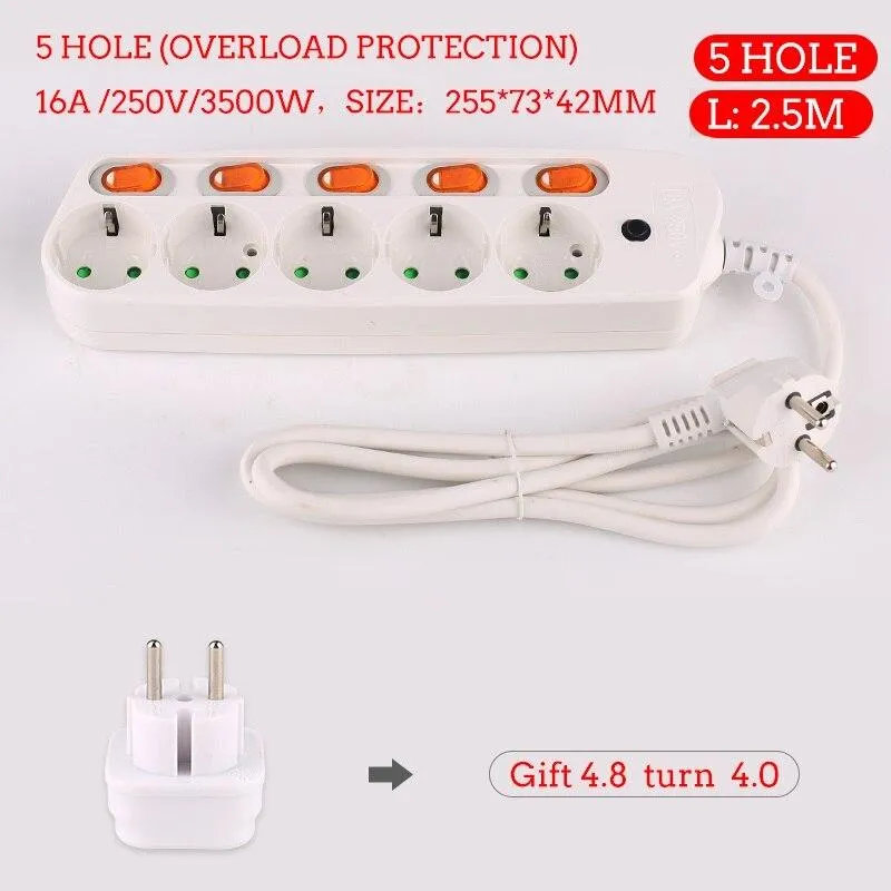 Extension Cord 1.5/2.5M Power Strip10/16A 250V Overload Protection Individually Switched EU plug 2/3/4/5/6 Extension Socket USB