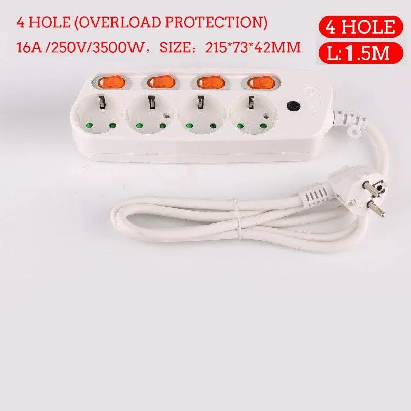 Extension Cord 1.5/2.5M Power Strip10/16A 250V Overload Protection Individually Switched EU plug 2/3/4/5/6 Extension Socket USB