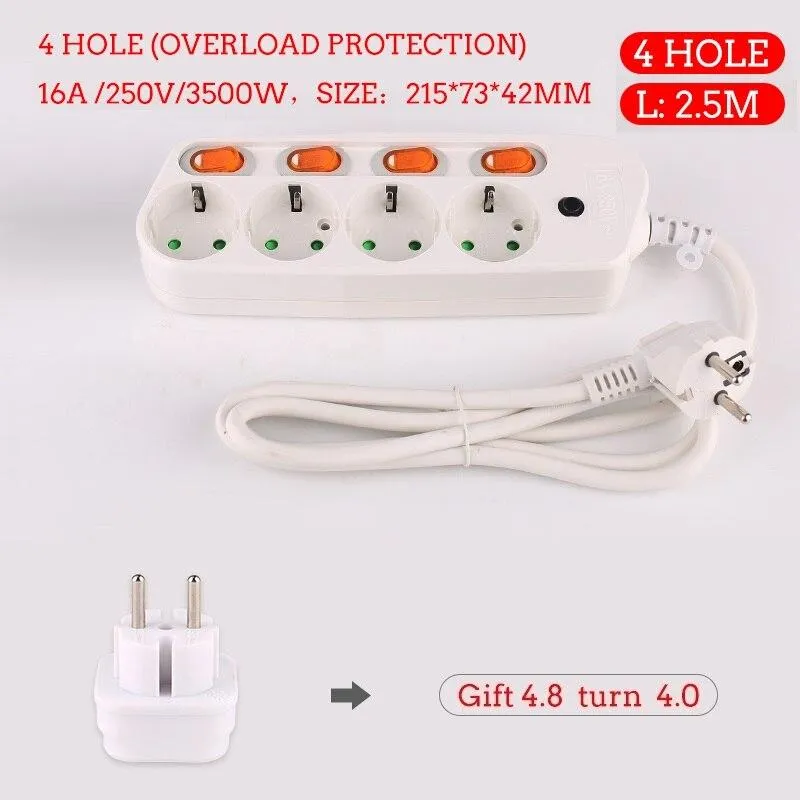 Extension Cord 1.5/2.5M Power Strip10/16A 250V Overload Protection Individually Switched EU plug 2/3/4/5/6 Extension Socket USB