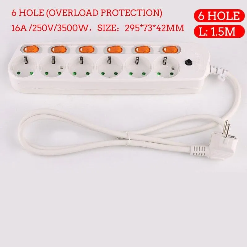 Extension Cord 1.5/2.5M Power Strip10/16A 250V Overload Protection Individually Switched EU plug 2/3/4/5/6 Extension Socket USB