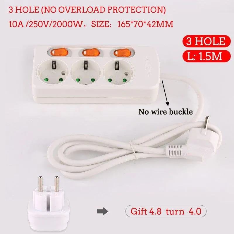 Extension Cord 1.5/2.5M Power Strip10/16A 250V Overload Protection Individually Switched EU plug 2/3/4/5/6 Extension Socket USB