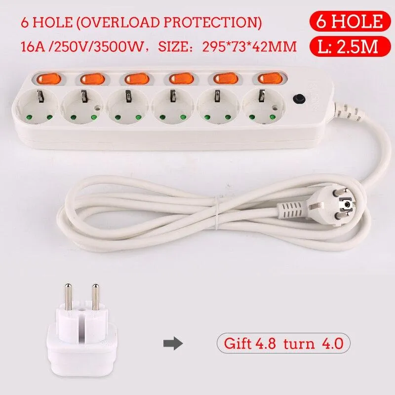 Extension Cord 1.5/2.5M Power Strip10/16A 250V Overload Protection Individually Switched EU plug 2/3/4/5/6 Extension Socket USB